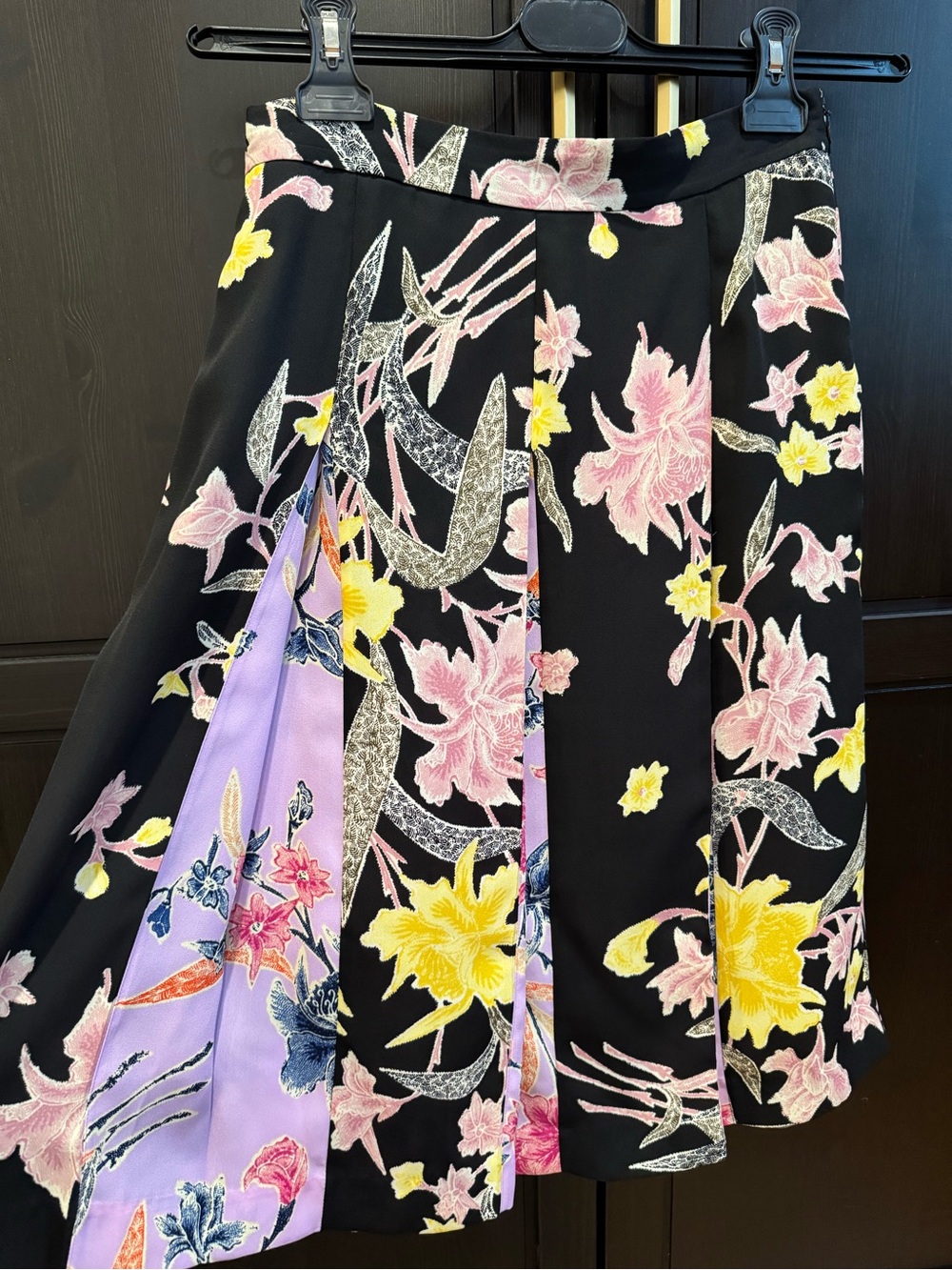 Diane von Furstenberg Pleated Midi Skirt in Black with Pink & Yellow Flowers